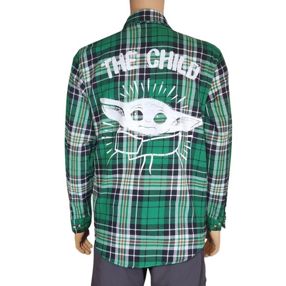 Cakeworthy Star Wars Mandalorian The Child Green Flannel Shirt Adult Large EUC - Picture 1 of 7